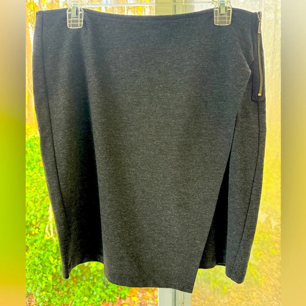 CAbi 8 faux Wrap Pencil skirt in dark gray and bronz side zip & button closure.